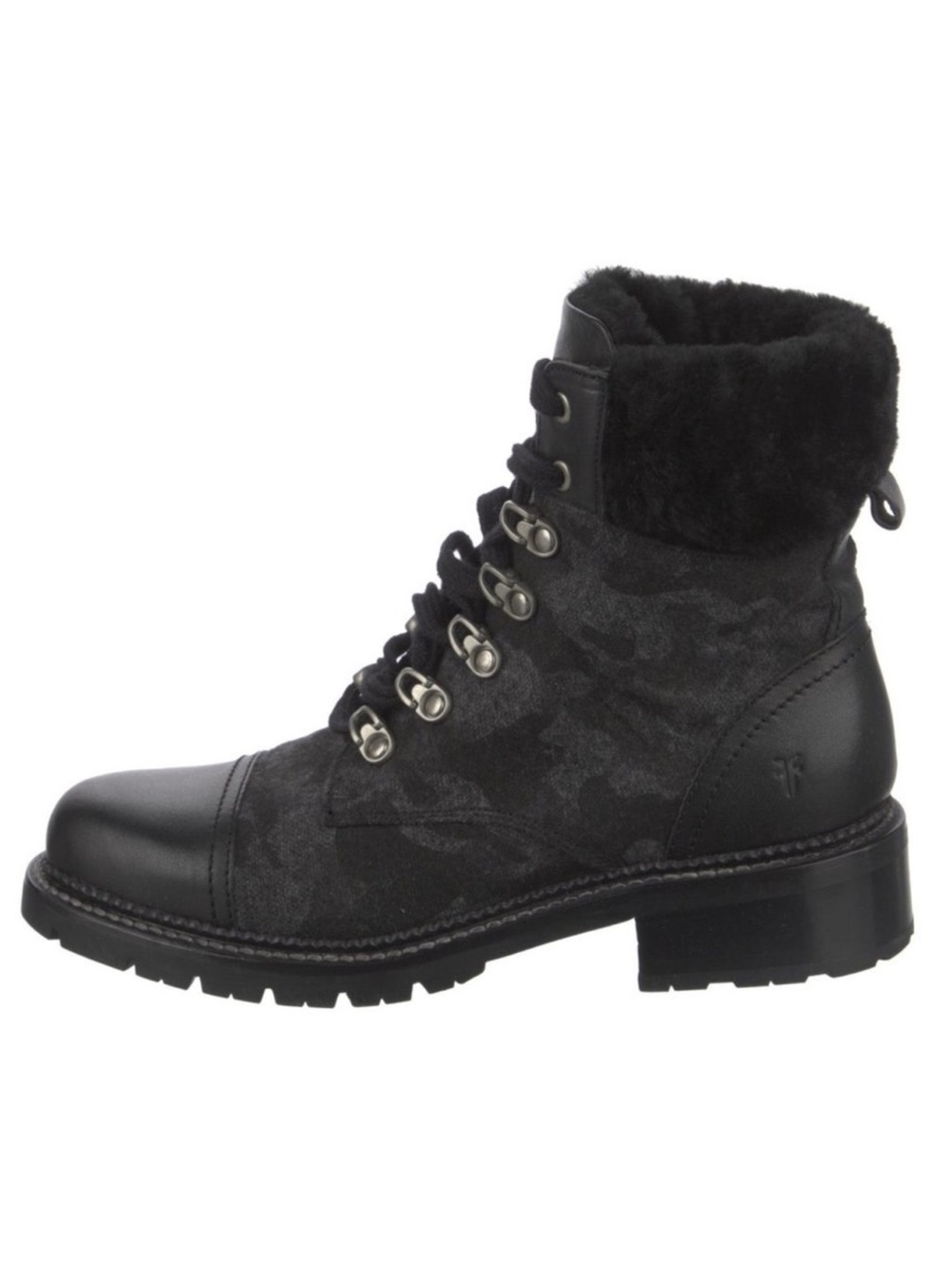Frye Women’s Samantha Black Leather Canvas Shearling Combat Hiking Boots Size 8